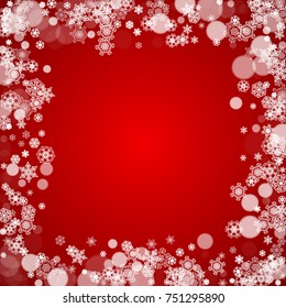 Christmas frame with falling snow on red background. Santa Claus colors. Merry Christmas frame with white frosty snowflakes for banners, gift cards, party invitations and special business offers.