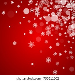 Christmas frame with falling snow on red background. Santa Claus colors. Merry Christmas frame with white frosty snowflakes for banners, gift cards, party invitations and special business offers.