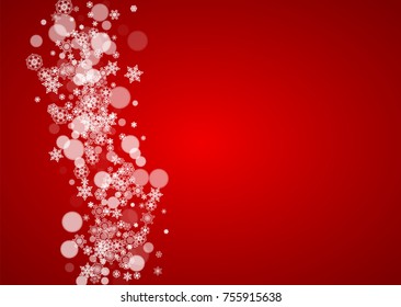 Christmas frame with falling snow on red background. Santa Claus colors. Horizontal Christmas frame with white frosty snowflakes for banners, gift cards, party invitations and special business offers.