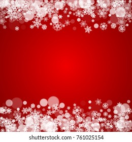 Christmas frame with falling snow on red background. Santa Claus colors. Merry Christmas frame with white frosty snowflakes for banners, gift cards, party invitations and special business offers.
