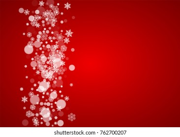 Christmas frame with falling snow on red background. Santa Claus colors. Horizontal Christmas frame with white frosty snowflakes for banners, gift cards, party invitations and special business offers.