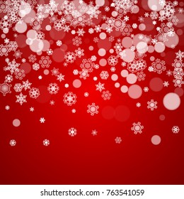 Christmas frame with falling snow on red background. Santa Claus colors. Merry Christmas frame with white frosty snowflakes for banners, gift cards, party invitations and special business offers.
