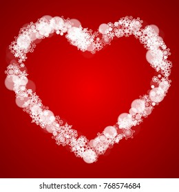 Christmas frame with falling snow on red background. Santa Claus colors. Merry Christmas frame with white frosty snowflakes for banners, gift cards, party invitations and special business offers.
