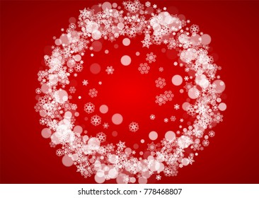 Christmas frame with falling snow on red background. Santa Claus colors. Horizontal Christmas frame with white frosty snowflakes for banners, gift cards, party invitations and special business offers.