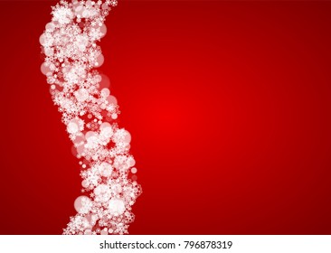Christmas frame with falling snow on red background. Santa Claus colors. Horizontal Christmas frame with white frosty snowflakes for banners, gift cards, party invitations and special business offers.