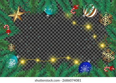 Christmas frame featuring pine branches, ornaments, snowflakes, lights, and candy cane on transparent background