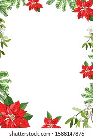 Christmas frame with fir branches, Berries, Holly, Poinsettia, Candy Canes and place for text. Illustration for greeting cards and invitations isolated on white background.