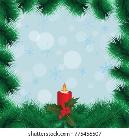 Christmas frame with fir branches and candle. Vector illustration