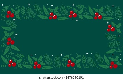 Christmas frame with fir branches. Christmas holiday decor holiday. Christmas greeting card banner with fir branches and holly berry border