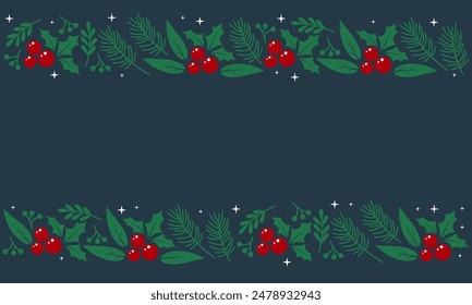 Christmas frame with fir branches. Christmas holiday decor holiday. Christmas greeting card banner with fir branches and holly berry border