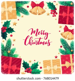 Christmas frame with fir branches, holly leaves, berries, gift boxes, golden bells with red bow, stars. Top view. Merry Christmas lettering. Invitation, banner, card, poster, flyer, gift certificate
