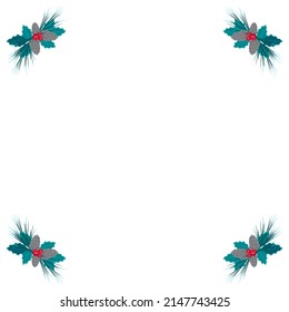 Christmas frame of fir and pine branches, blue long coniferous needles and silver cones with red berries for postcards. Festive decoration for the New Year and winter holiday. Vector flat illustration
