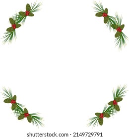 Marco navideño de ramas de abeto y pino, agujas de coníferas largas y conos con bayas rojas. Decoración festiva para Año Nuevo y vacaciones de invierno