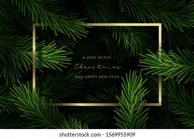 Christmas frame with fir tree branches and hand lettering. Vector Illustration.