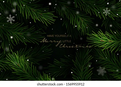 Christmas frame with fir tree branches and hand lettering. Vector Illustration.