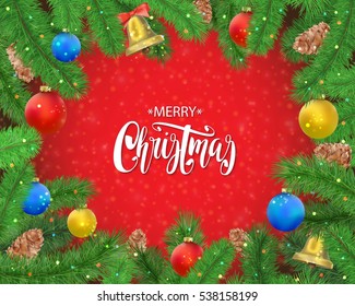 Christmas frame with fir tree branches, pine cone, bell, bow and red, blue, yellow balls, confetti. Holiday noel background with lettering. Vector illustration isolated on red. 