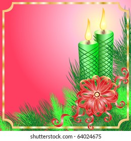 Christmas frame with the fir tree branches, candles and a bow on a pink background