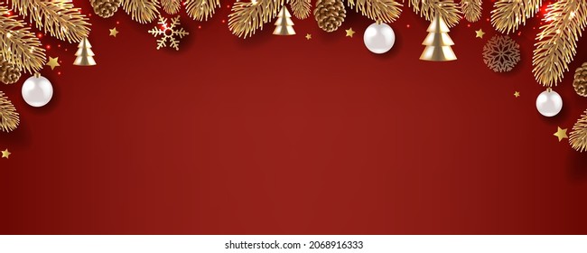 Christmas Frame With Fir Tree And Golden Christmas Toys Red Background With Gradient Mesh, Vector Illustration