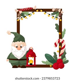 
Christmas frame in flat style on white background. Christmas gnome with a lantern, garland, candies and twigs. Frame for cards or photo decor