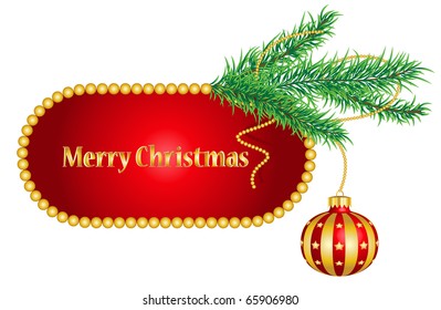Christmas frame. The framework is framed with gold beads. On the right side a branch of a fur-tree with a golden striped Christmas ball of red color. The ball hanging on a gold thread from beads.