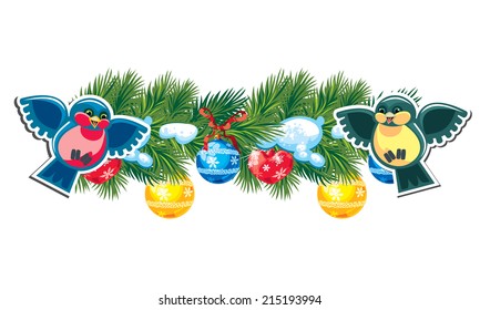Christmas frame with garland and birds