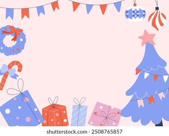 Marco de la Navidad con los regalos y las decoraciones del árbol. Ilustración de fondo festivo de vacaciones.