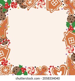 Christmas frame. Gingerbread. Holiday and celebration concept, greeting card or invitation