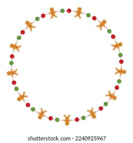 Christmas frame with gingerbread man decorations. Round Xmas decorative border isolated on white background. Vector illustration.