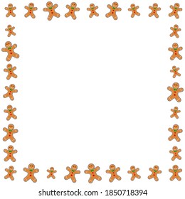Christmas frame with gingerbread man. Xmas border with cartoon smiling cookies. Vector pattern with copy space. Blank background with holiday character.