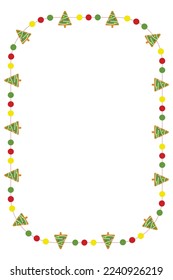 Christmas frame with gingerbread Xmas tree decorations. Xmas decorative border isolated on white background. Size 10 x 15. Vector illustration.