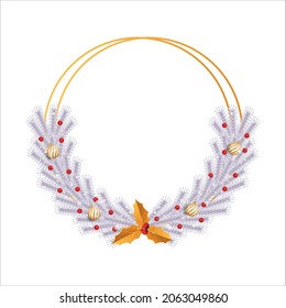 Christmas frame with golden decoration ball and red berries. Xmas golden frame on a white background. Christmas ball, Xmas frame, golden leaves, round frame, white pine leaves, red berries, snowflakes