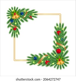Christmas frame with golden ribbon and jingle bell. Xmas Corner with pine leaves and decoration ball. Christmas corner, Xmas decoration ball, red ball, snowflakes, golden bell, pine leaves, red berrie