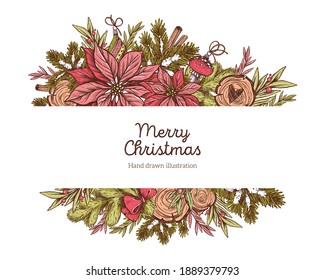 Christmas Frame in graphic style. Vector Hand Drawn. Sketch Christmas decorations, poinsettia, wood, holly, fir branches. Botanical Illustration. Black and white vintage Christmas