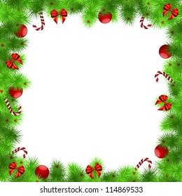 christmas frame, green needles with red balls and ribbons, white background - vector illustration, eps 10