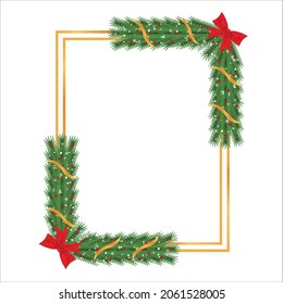 Christmas frame with green pine leaves and red berries. Xmas frame with golden, red ribbons and snowflakes. Christmas photo frame with snowflakes, lights, and green leaves on white background.
