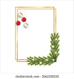 Christmas frame with green pine leaves, snowflakes, red white balls. Xmas golden frame with candy. Merry Christmas decoration elements with candy canes and shiny snowflakes. Christmas elements.