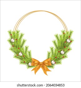 Christmas frame with green pine leaves and white decoration ball. Xmas frame with red berries. Christmas white ball, Xmas frame, round frame, green pine leaves, snowflakes, golden star, holly berries.