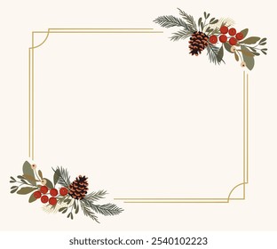 Christmas frame with green twigs, mistletoe, cones and red berries. Decoration for Christmas and New Year design. Festive elements. Vector illustration.