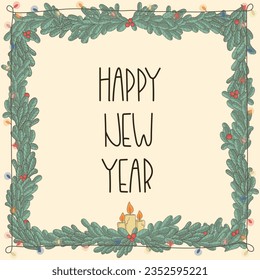 Christmas frame of hand drawn tree branches, candles and garland