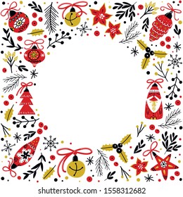 Christmas frame of holiday elements in red and gold color with place for text. Element for the design of postcards, posters, invitations. Vector illustration.