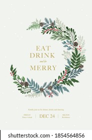 Christmas frame with holly berries,  pine and fir branches, cones, rowan berries. Xmas and happy new year invitation. Vector illustration,  party design template
