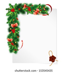 Christmas Frame with Holly Berry, Fir Branches, Mistletoe, Bow and Sheet Paper, vector illustration