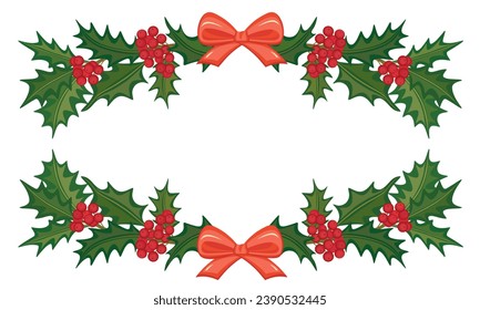 Christmas frame with holly branch and ribbon bow, flat vector design, decorative element for card, banner, poster, label, sticker