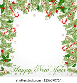 Christmas Frame With Holly Decoration. Colorful design. Vector illustration. 