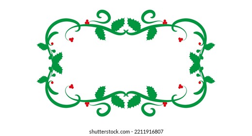Christmas frame with holly leaves and berries. Decorative green frame with red berries isolated on white background. Element design. Vector illustration.