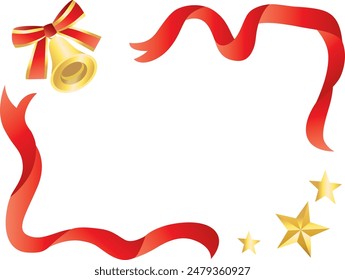 Christmas frame illustration with gold bell, red ribbon and stars .