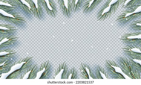  Marco de Navidad aislado en el fondo a cuadros. Navidad, Año Nuevo o frontera invernal con hiramblo realista o ramas de pino. Ilustración vectorial 3d.