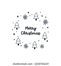 Christmas frame of isolated snowflake tree with lettering Merry Christmas. Flat holiday element New Year in doodle style for print t-shirt, banner, flyer and other design