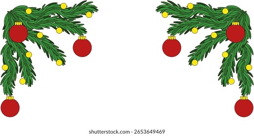 Marco de Navidad aislado transparente. Ilustración vectorial de marco de Navidad vacío de ramas de árbol de Navidad bola roja y luces de vacaciones. Web perfecto Año Nuevo Venta Anuncio cartel de la tarjeta de felicitación cubierta