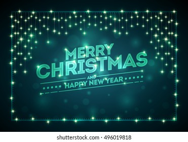 Christmas frame with lights and dark bokeh background. Merry Christmas and Happy New Year message on background. Elements are layered separately in vector file.